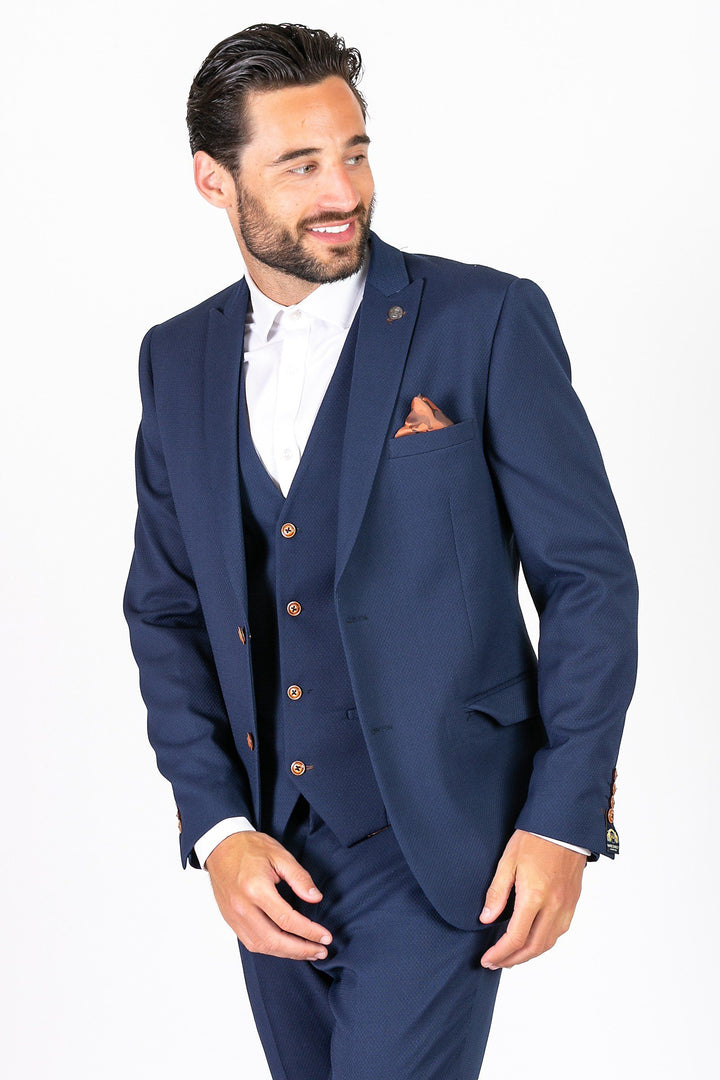 Max Royal Blue Three Piece Suit With Contrast Buttons
