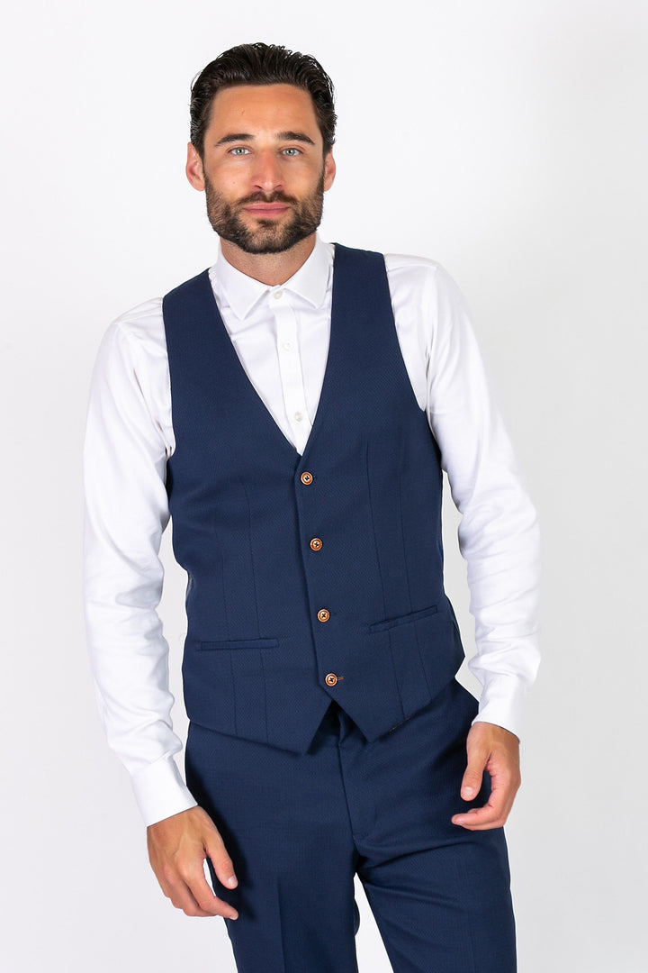 Max Royal Blue Three Piece Suit With Contrast Buttons