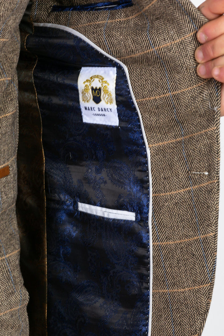 Ted Tan Tweed Check Three Piece Suit with Double Breasted Waistcoat