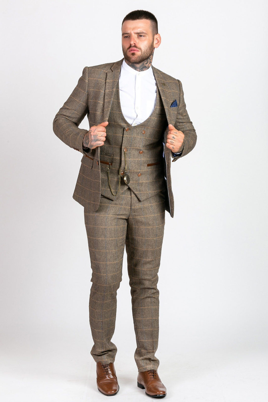 Ted Tan Tweed Check Three Piece Suit with Double Breasted Waistcoat