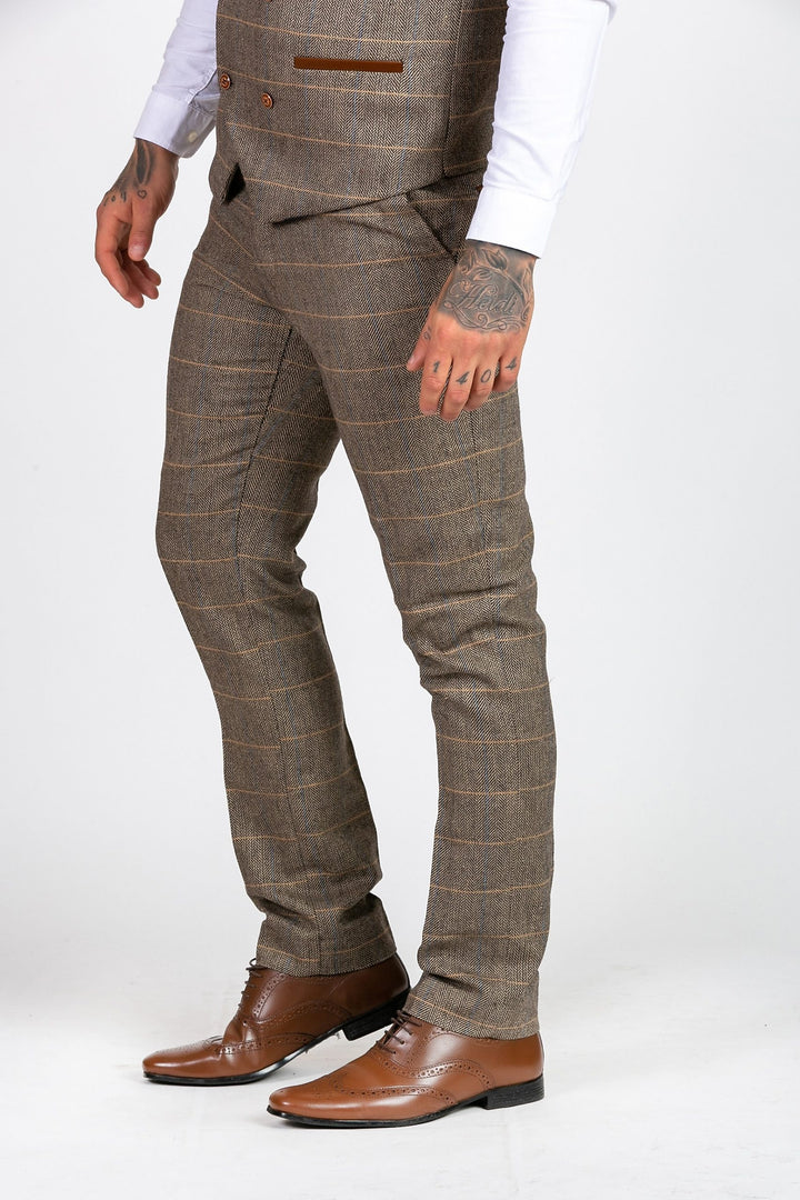 Ted Tan Tweed Check Three Piece Suit with Double Breasted Waistcoat