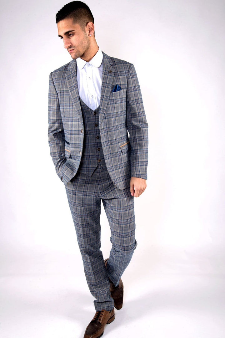 Enzo Blue Stone Tweed Check Three Piece Suit