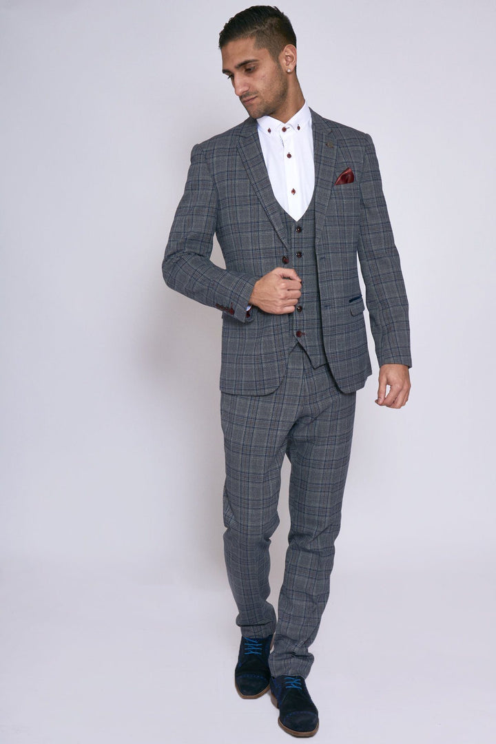Enzo Grey Blue Tweed Check Three Piece Suit