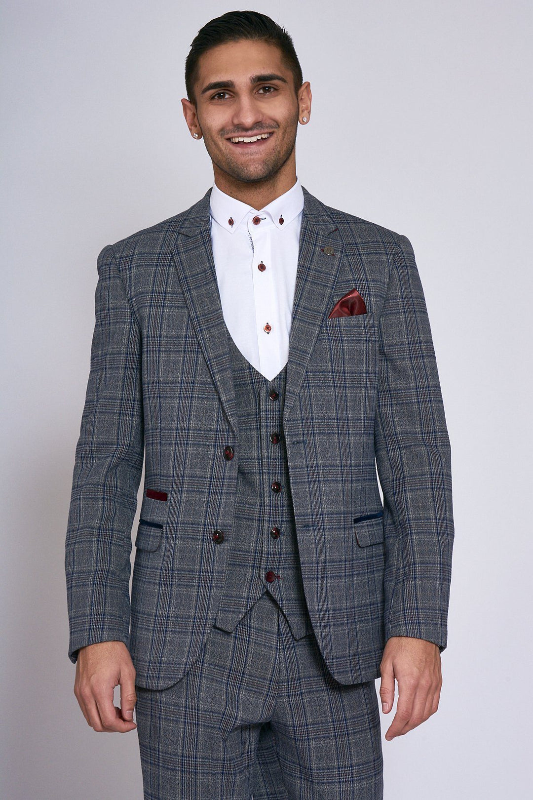 Enzo Grey Blue Tweed Check Three Piece Suit
