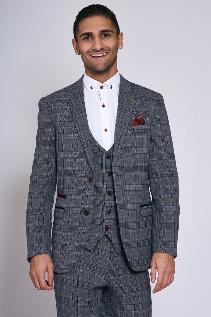 Enzo Grey Blue Tweed Check Three Piece Suit