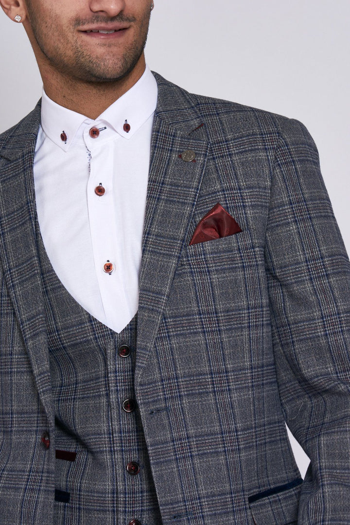 Enzo Grey Blue Tweed Check Three Piece Suit