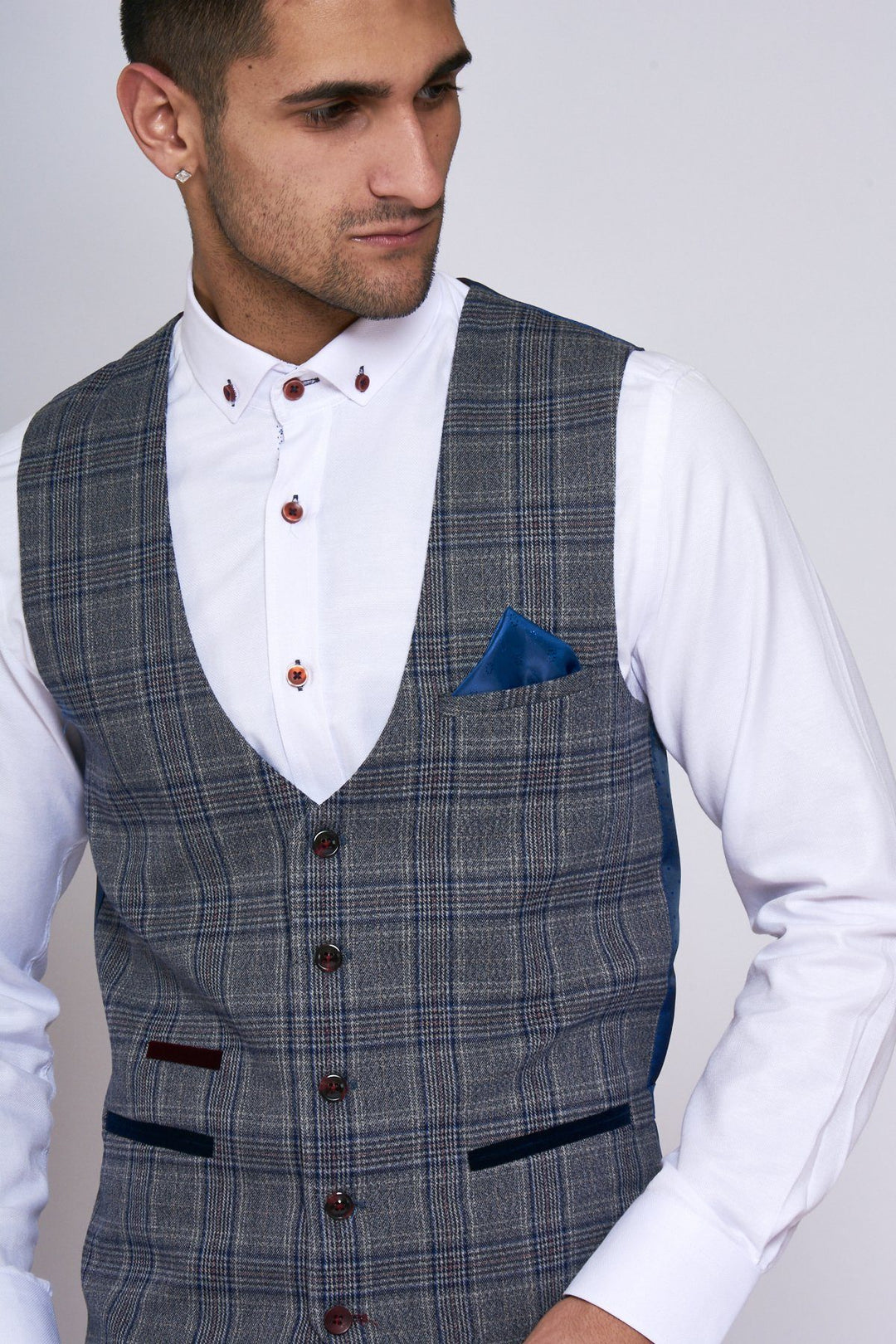 Enzo Grey Blue Tweed Check Three Piece Suit