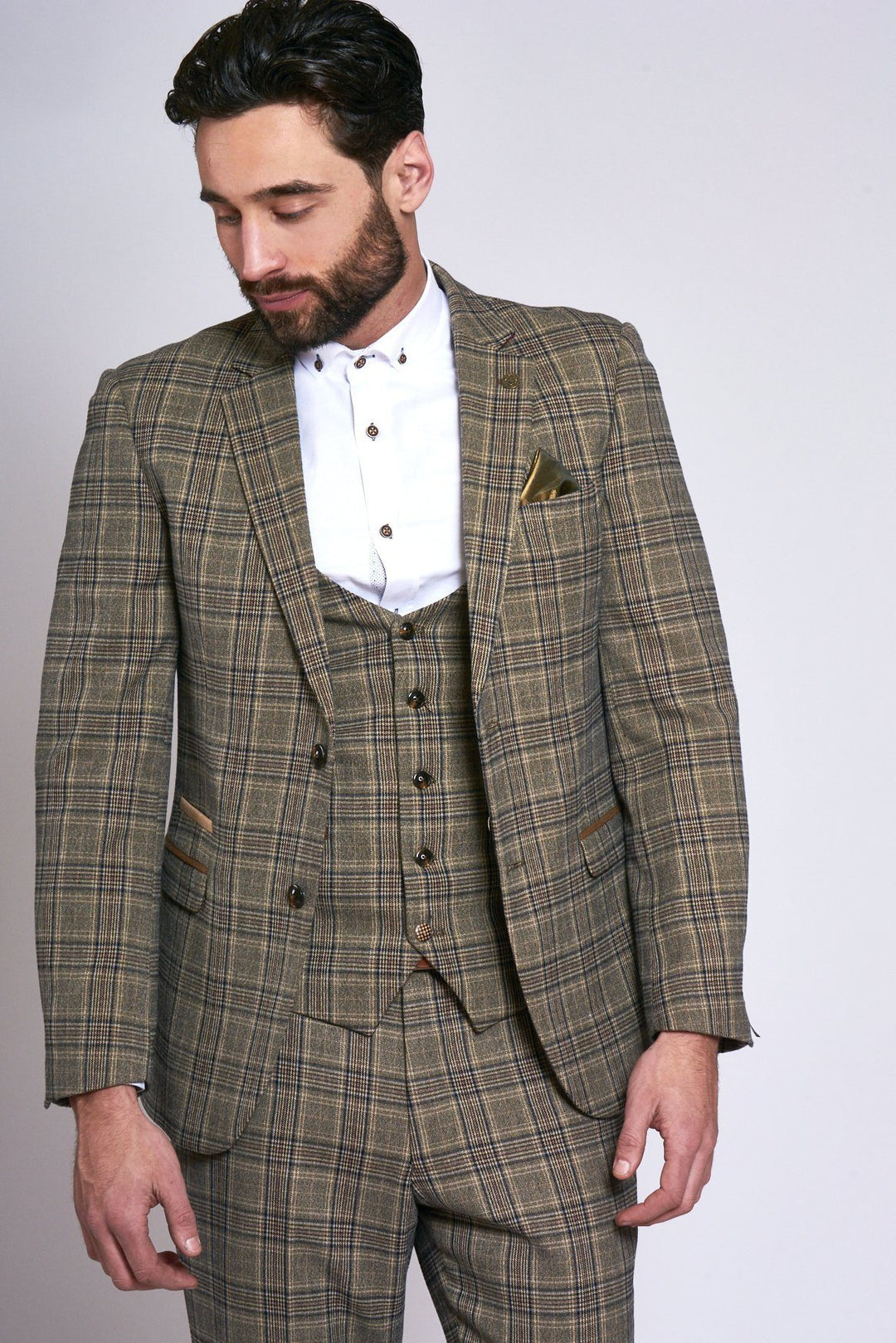 Enzo Tan Tweed Check Three Piece Suit