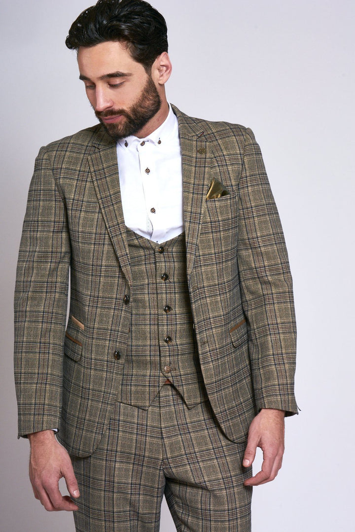 Enzo Tan Tweed Check Three Piece Suit