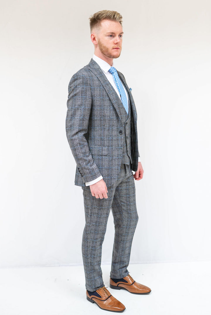 Grey Blue Check 3 Piece Suit With Double Breasted Waistcoat