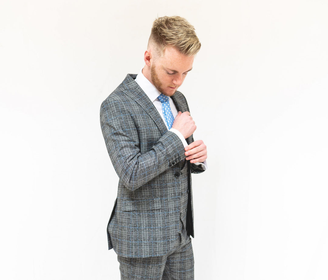 Grey Blue Check 3 Piece Suit With Double Breasted Waistcoat