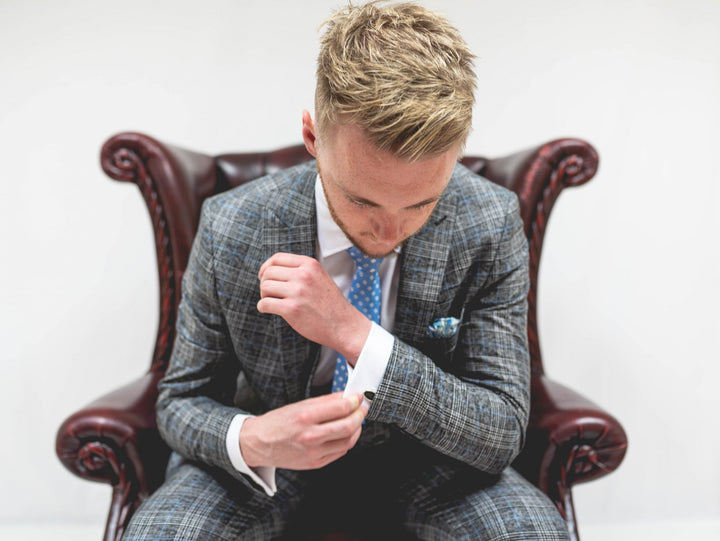 Grey Blue Check 3 Piece Suit With Double Breasted Waistcoat