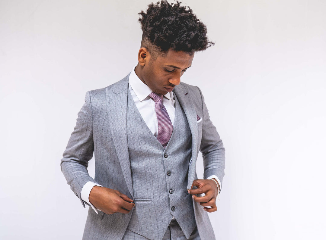 Light Grey Pinstripe Three Piece Suit with Single Breasted Waistcoat