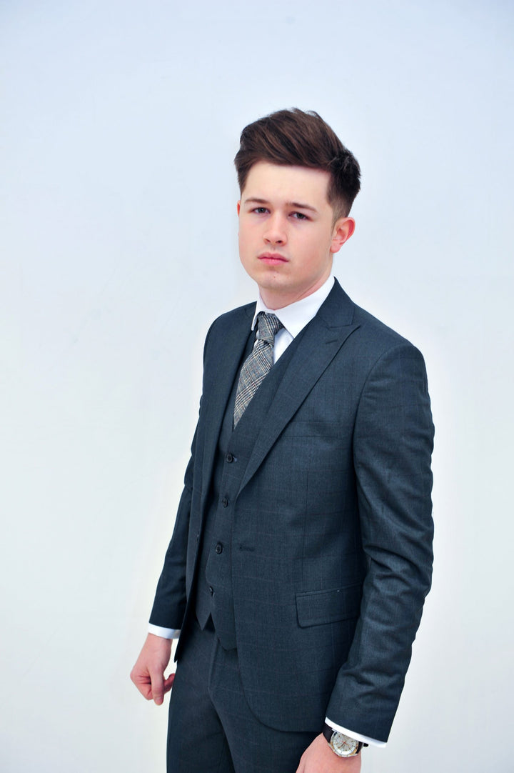 Jack Doyle Navy Subtle Check Suit With Single Breasted Waistcoat