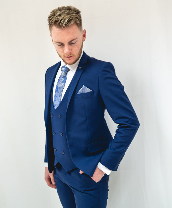 Royal Blue Three Piece Suit With Double Breasted Waistcoat