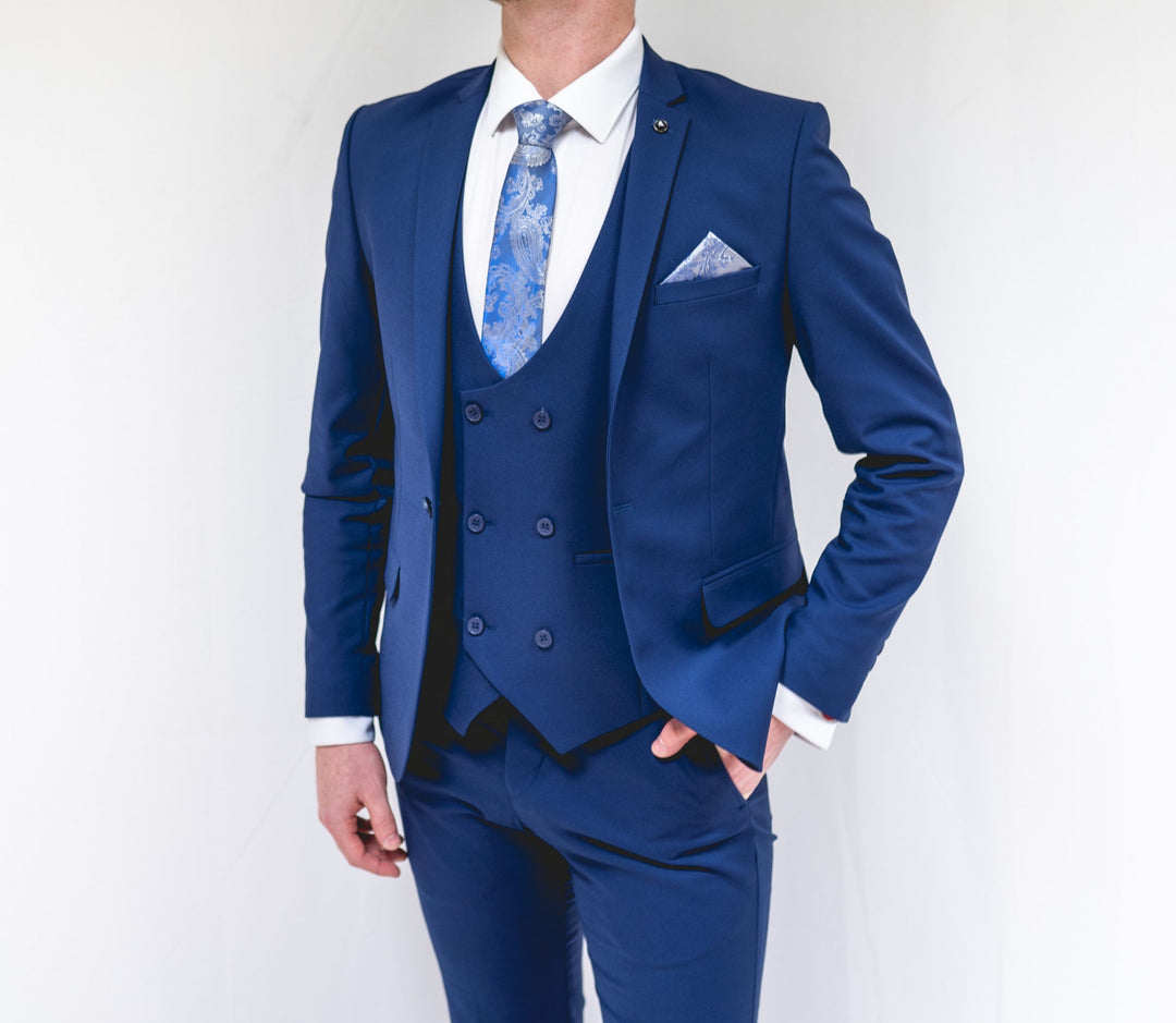 Royal Blue Three Piece Suit With Double Breasted Waistcoat