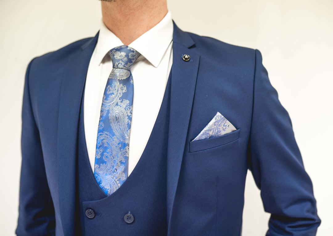 Royal Blue Three Piece Suit With Double Breasted Waistcoat