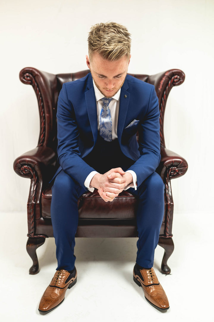 Royal Blue Three Piece Suit With Double Breasted Waistcoat