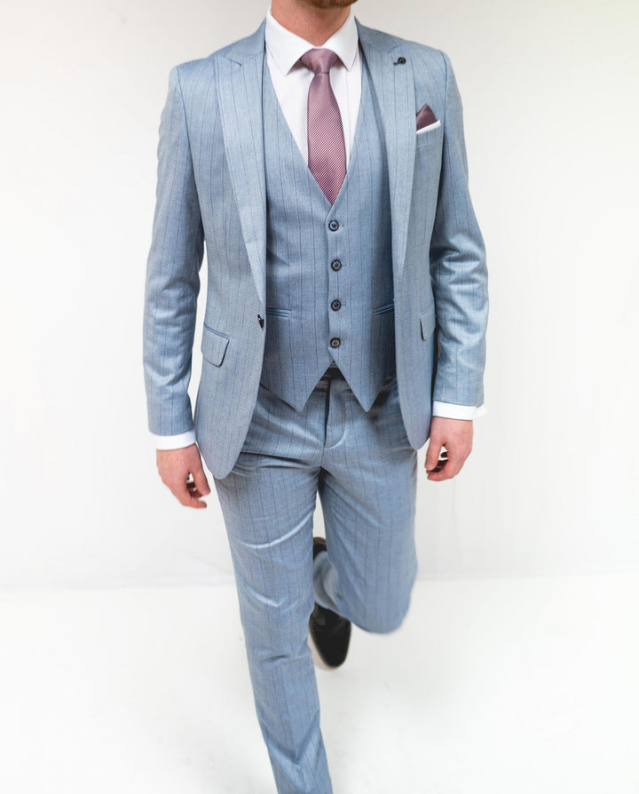 Sky Blue Pinstripe Three Piece Suit with Single Breasted Waistcoat
