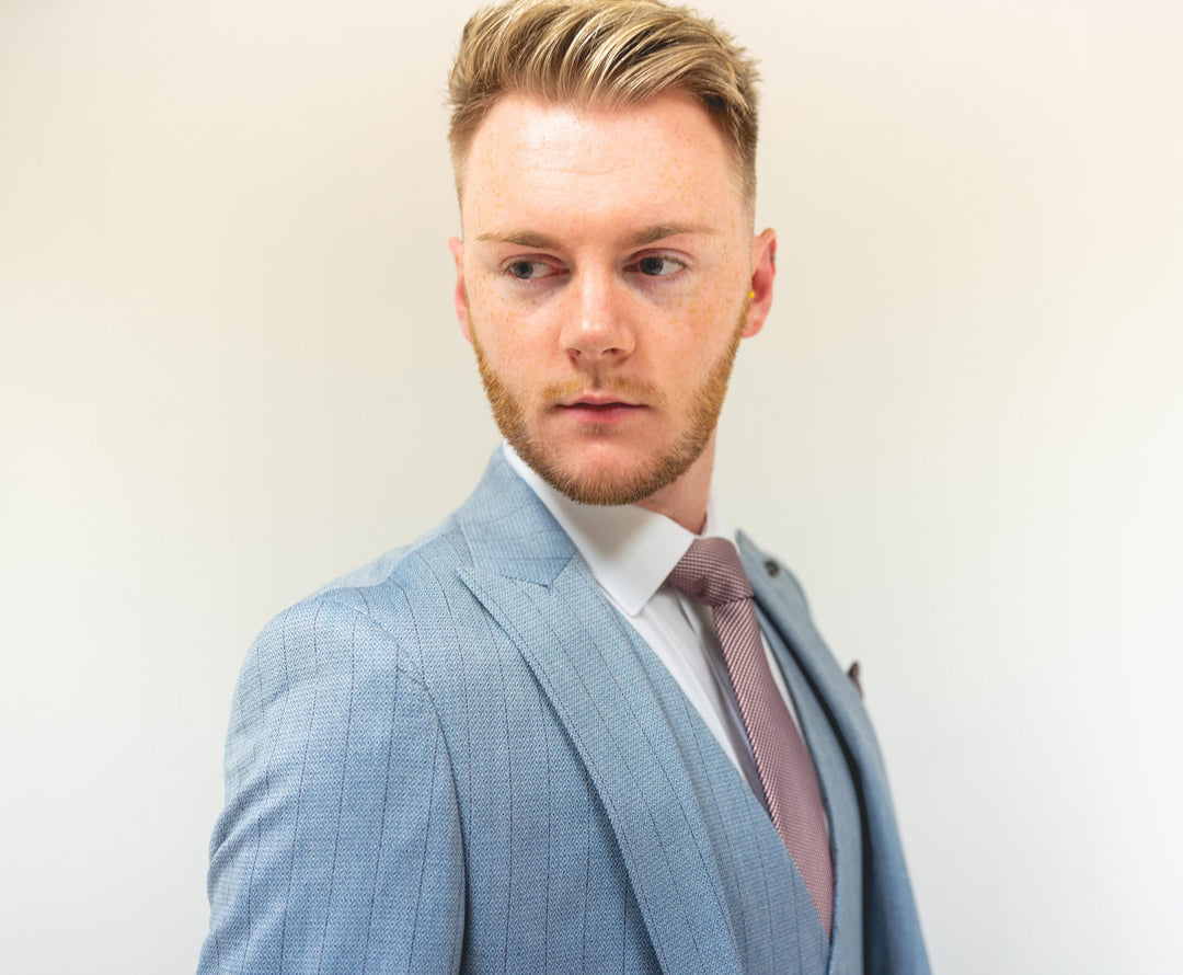 Sky Blue Pinstripe Three Piece Suit with Single Breasted Waistcoat