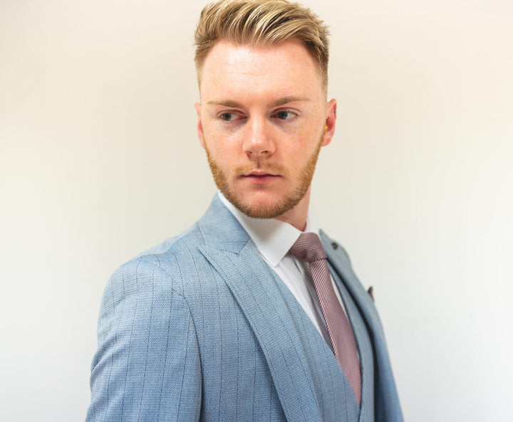 Sky Blue Pinstripe Three Piece Suit with Single Breasted Waistcoat