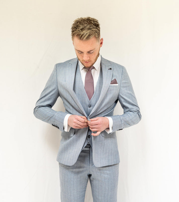Sky Blue Pinstripe Three Piece Suit with Single Breasted Waistcoat