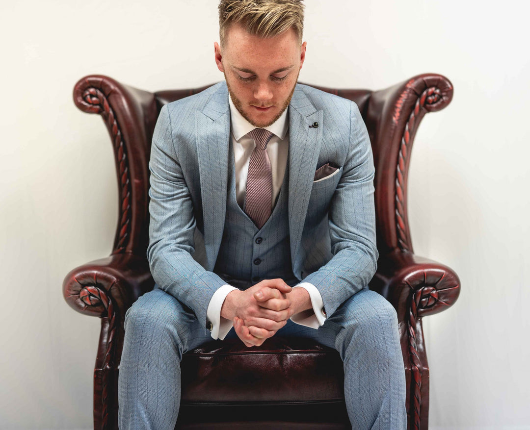 Sky Blue Pinstripe Three Piece Suit with Single Breasted Waistcoat