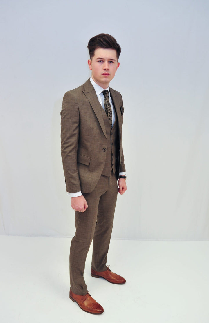 Jack Doyle Tan Check Suit With Single Breasted Waistcoat