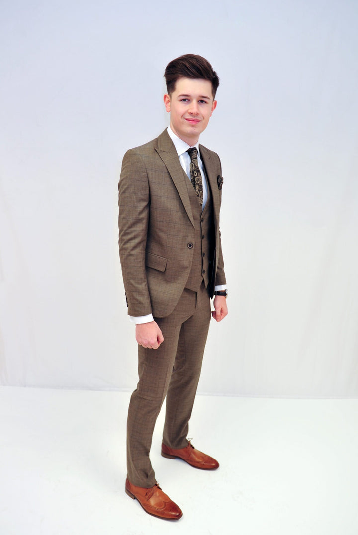 Jack Doyle Tan Check Suit With Single Breasted Waistcoat