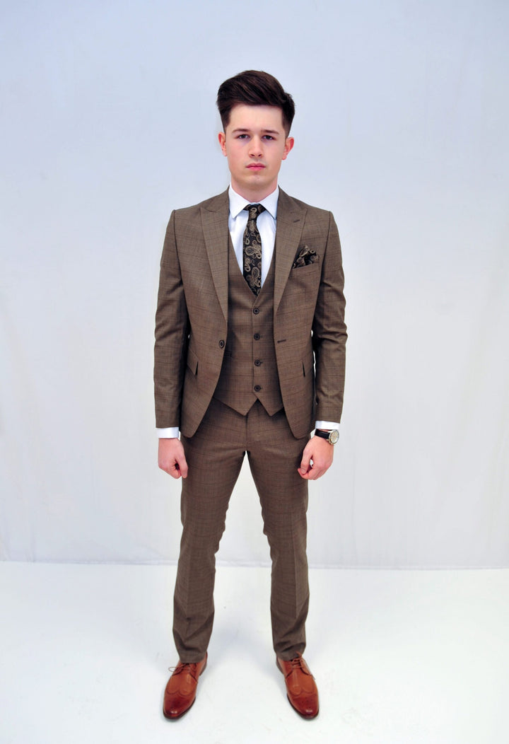 Jack Doyle Tan Check Suit With Single Breasted Waistcoat