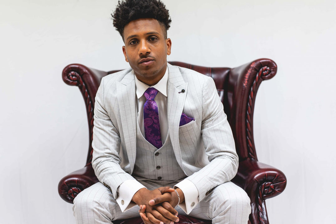 Light Grey Pinstripe Three Piece Suit with Single Breasted Waistcoat
