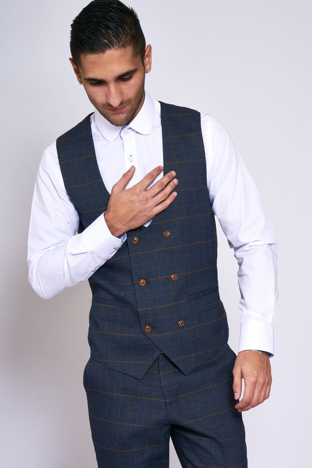 Jenson Marine Navy Check Suit With Double Breasted Waistcoat