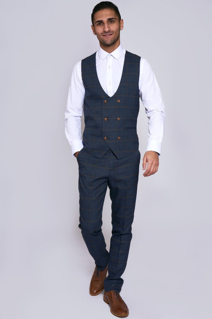 Jenson Marine Navy Check Suit With Double Breasted Waistcoat