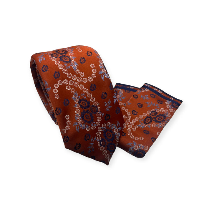 Orange Paisley Pattern Tie and Pocket Square