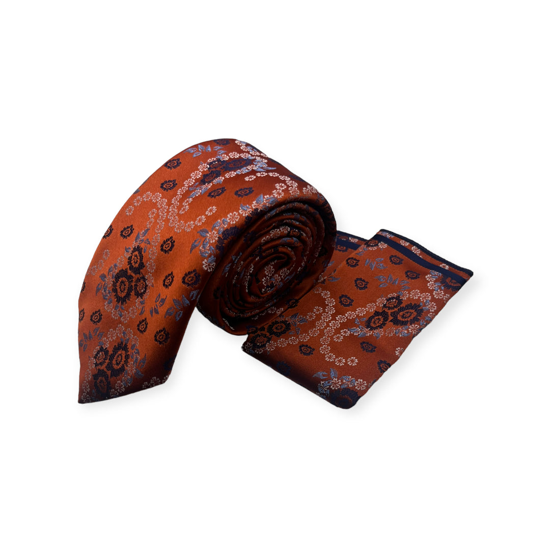 Orange Paisley Pattern Tie and Pocket Square