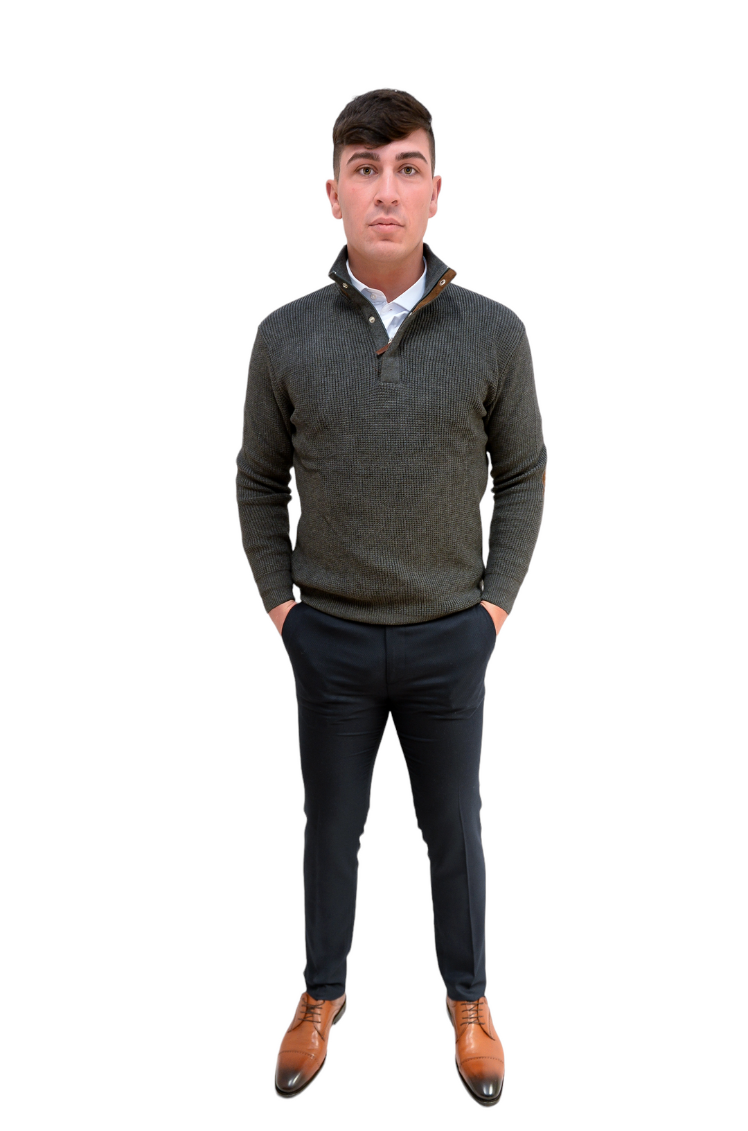 Grey Heavy Knit 1/4 Zip Jumper With Brown Trim