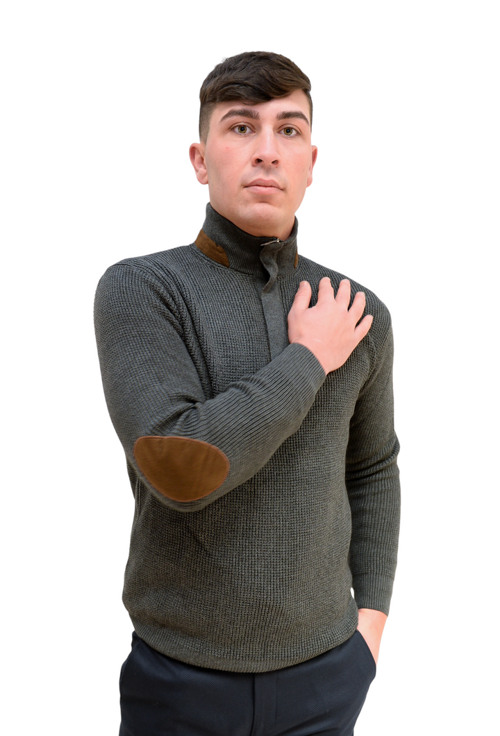 Grey Heavy Knit 1/4 Zip Jumper With Brown Trim