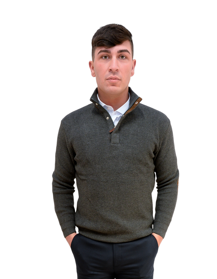 Grey Heavy Knit 1/4 Zip Jumper With Brown Trim