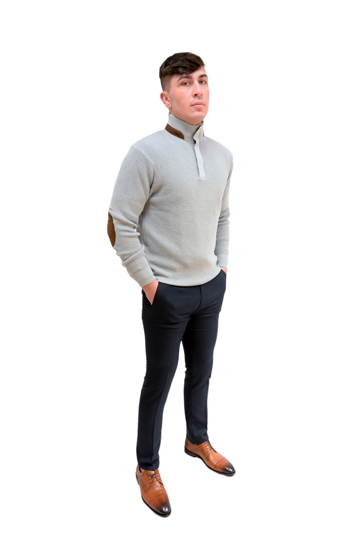 Light Grey Heavy Knit 1/4 Zip Jumper With Brown Trim