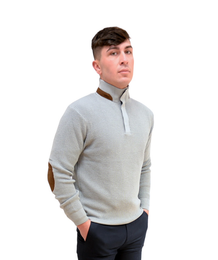 Light Grey Heavy Knit 1/4 Zip Jumper With Brown Trim