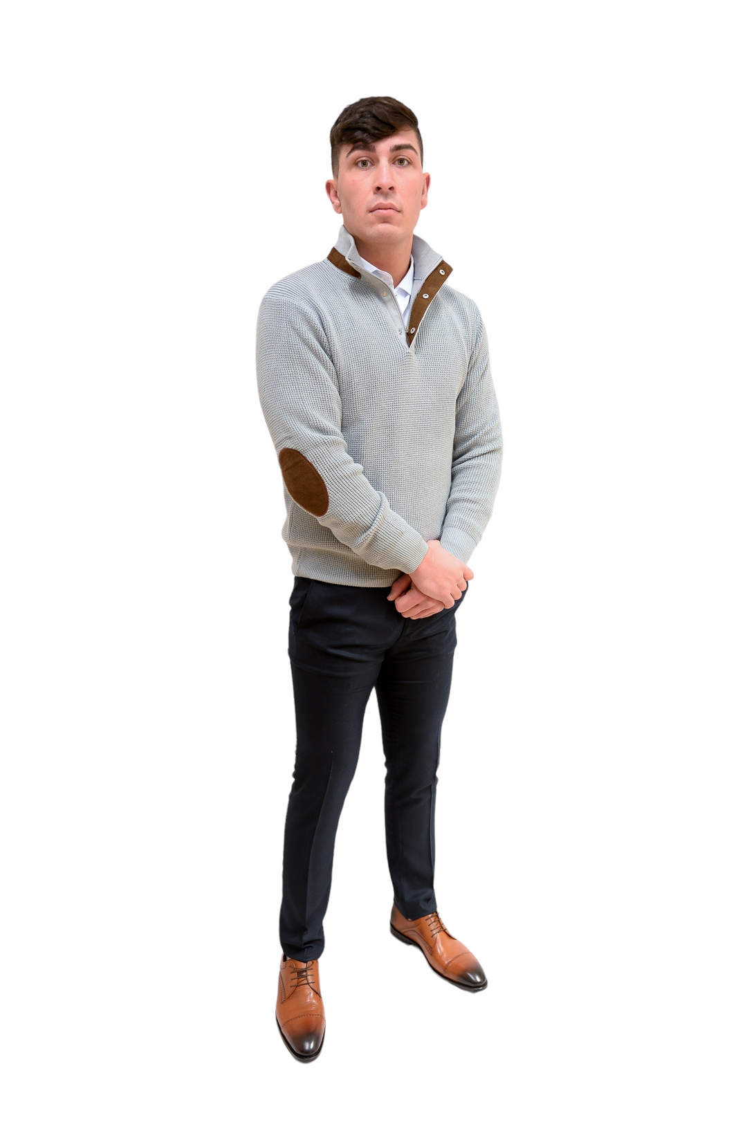 Light Grey Heavy Knit 1/4 Zip Jumper With Brown Trim