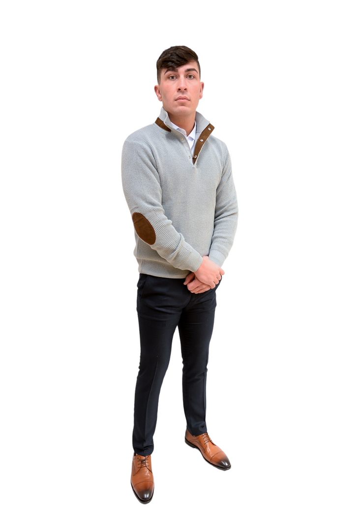 Light Grey Heavy Knit 1/4 Zip Jumper With Brown Trim