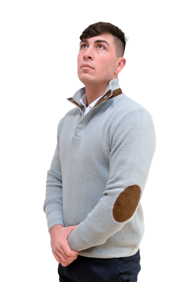 Light Grey Heavy Knit 1/4 Zip Jumper With Brown Trim