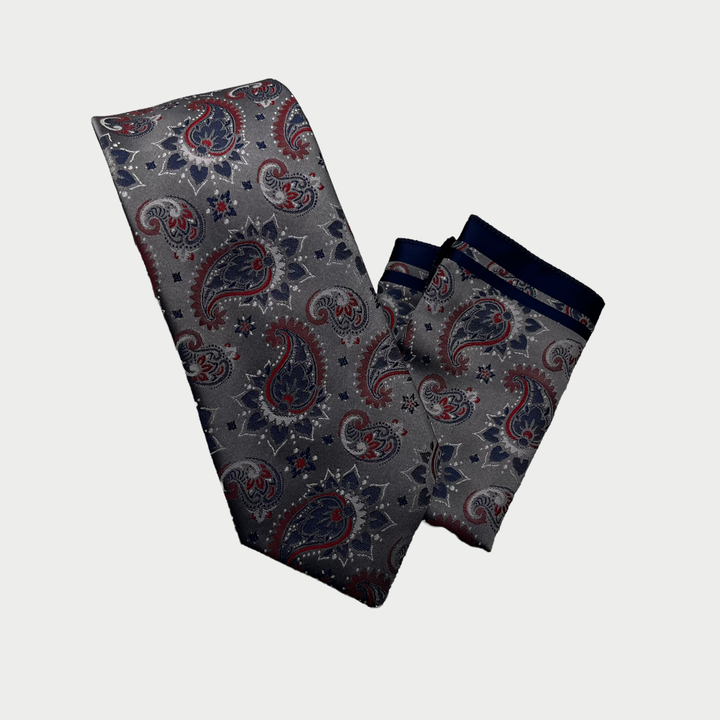 Dark Grey Navy Burgundy Paisley Tie & Pocket Square