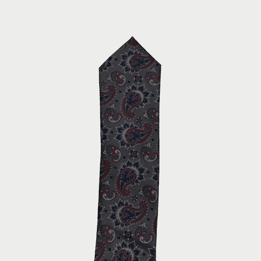 Dark Grey Navy Burgundy Paisley Tie & Pocket Square