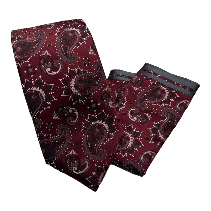 Burgundy and Grey Print Paisley Tie and Pocket Square
