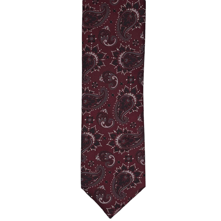 Burgundy and Grey Print Paisley Tie and Pocket Square