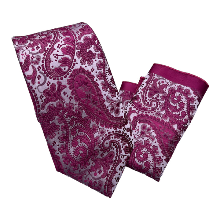 Cerise Paisley Print Tie and Pocket Square