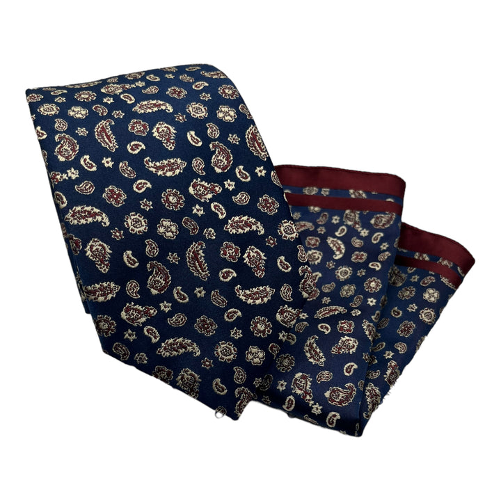 Navy Burdundy Paisley Print Tie and Pocket Square