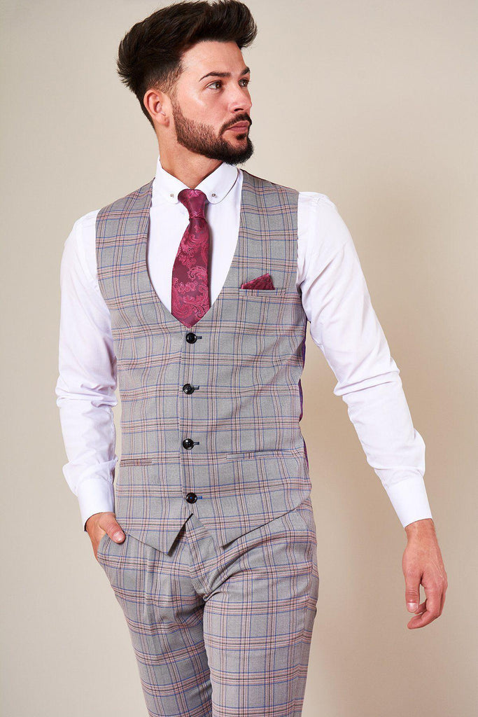 Alvin Grey Pink Check Single Breasted Waistcoat